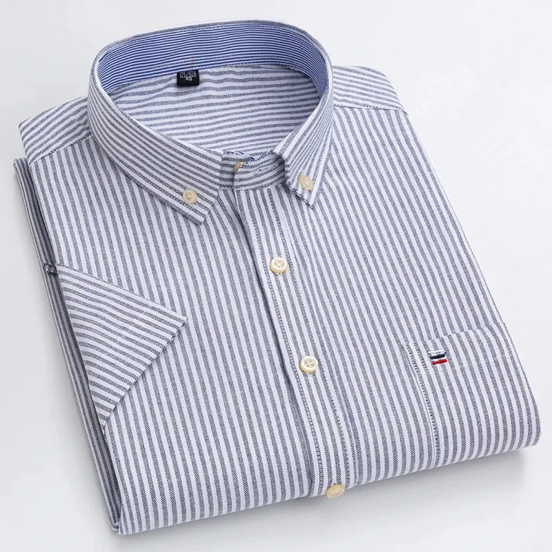 Men's high-quality Oxford cotton short sleeved shirt for summer comfort breathable classic solid color plaid business leisure Quick Pick Grocers